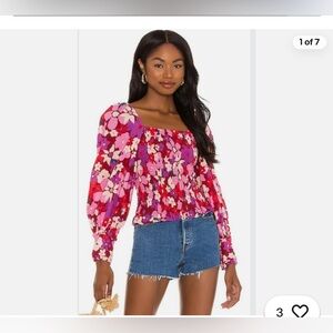 NWT Free People Ariana Floral Puff‎ Sleeve Smocked Top - Size L
